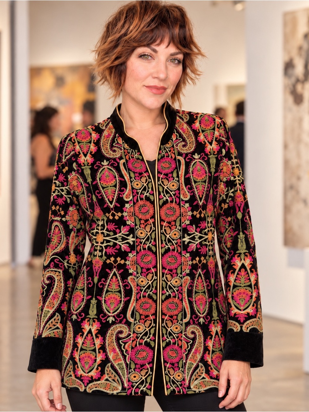 Soft Surroundings Black Velvet Embroidered Jacket S NWT Boho Paisley Floral